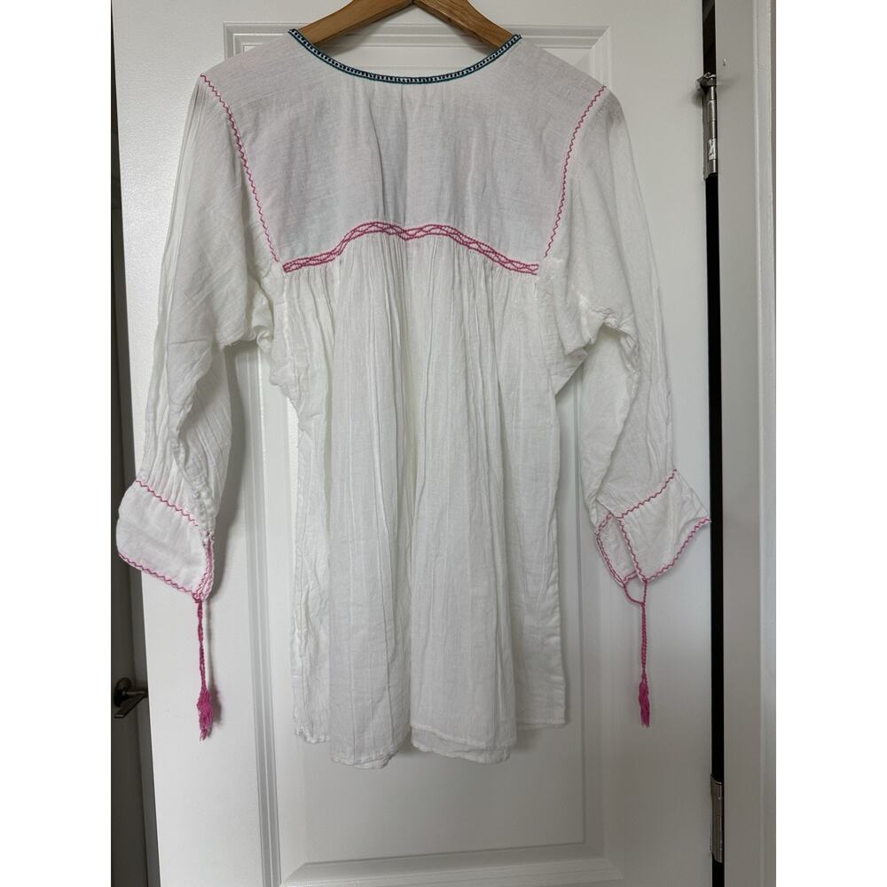 Handmade Mexican Embroidered Cotton Gauze Tunic Blouse Size S White Peasant - Picture 8 of 11